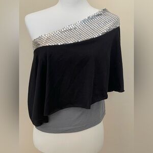 Vintage Dots One-Shoulder Top with Silver Sequins on Front, Size M